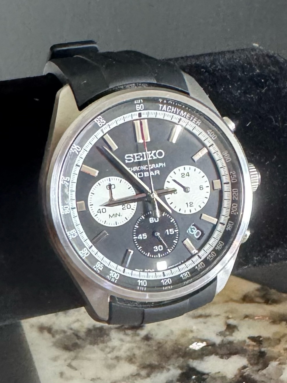 Seiko Black Dial Men’s Chronograph Watch with Silver Accents